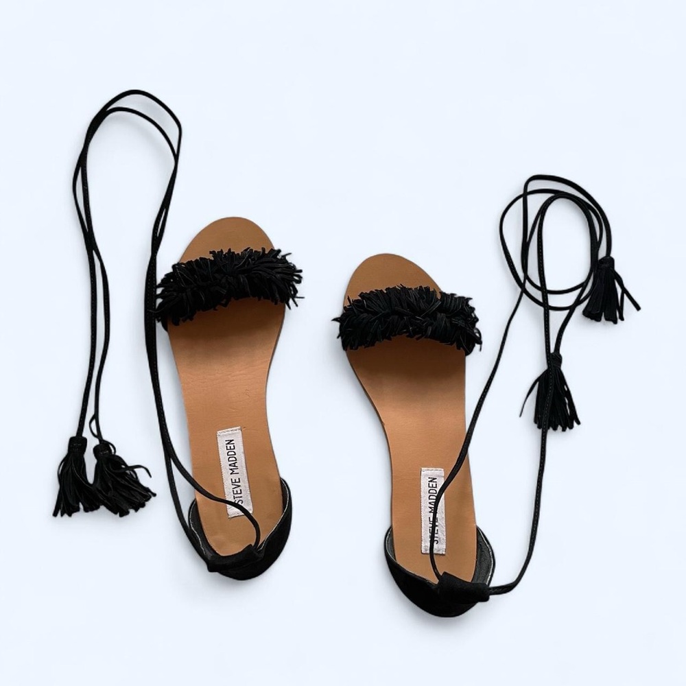 Steve Madden Sweety black suede fringe lace up sandals Size US 7.5 - Picture 3 of 6